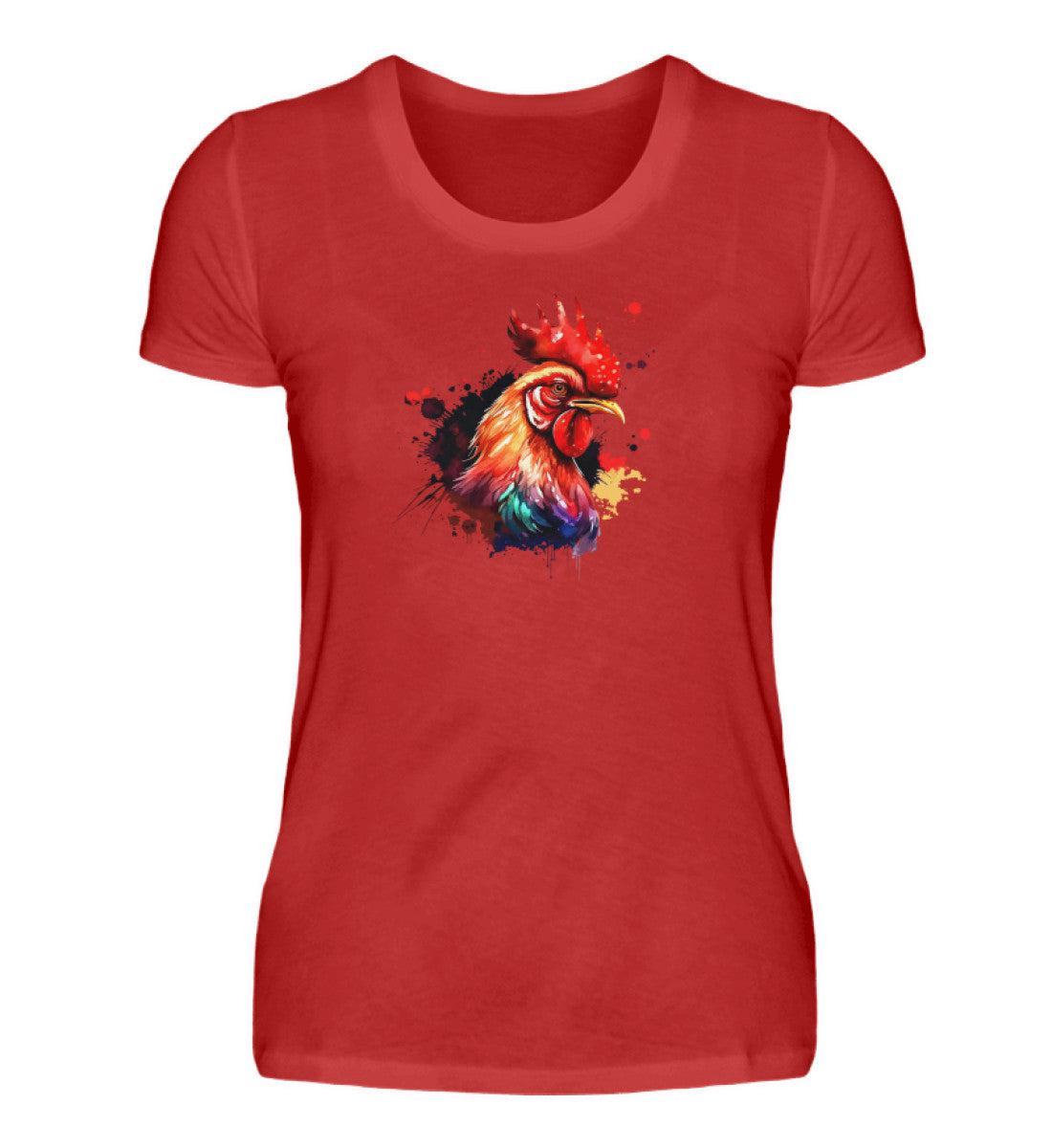 Hahn Wasserfarben 1 · Damen T-Shirt-Damen Basic T-Shirt-Red-S-Agrarstarz